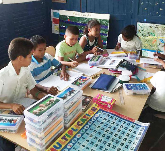 Students at School with Supplies on Table