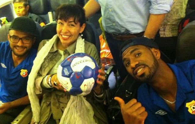 Costa Rican soccer players on plane